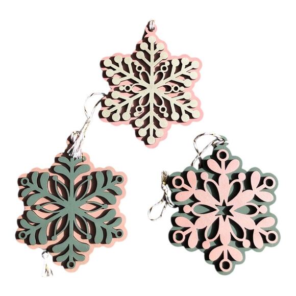 Set of 3 Hand Painted Snowflake Ornaments - Pink, Green, Off White Handmade - Picture 1 of 11
